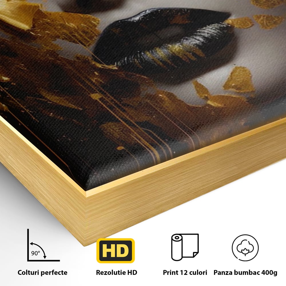 Detaliu al suprafetei: tablou canvas cu portret feminin auriu, in rama de aluminiu auriu